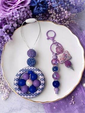 Hand Crafted Purple and Blue Beaded Keychain & Hanging Car Charm Set